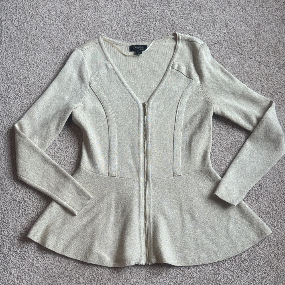 Thalia Sodi Champagne Shimmer Zip Front Peplum V-Neck Sweater